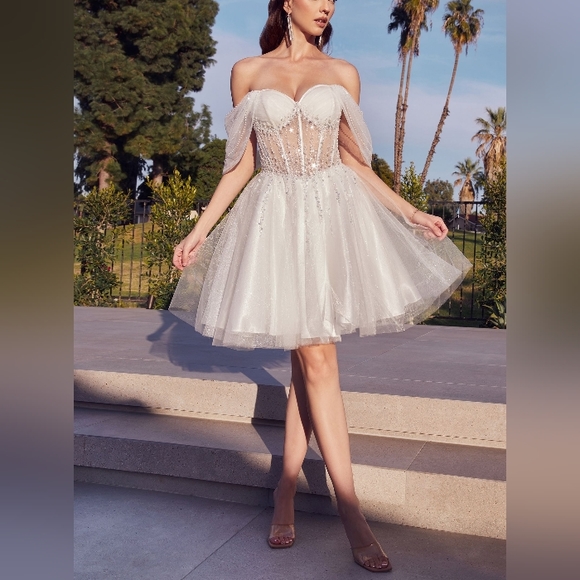 Off shoulder short glitter tulle beaded corset style dres - Picture 7 of 11